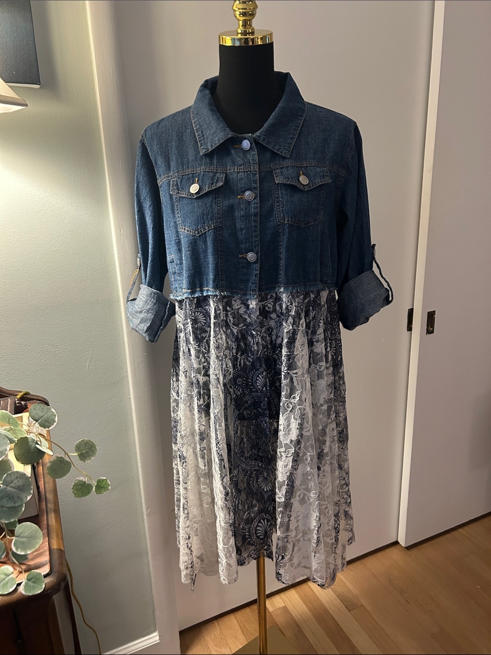 Denim Jacket Lace-Panel Midi Dress in Blue and White